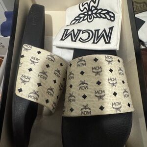 MCM Cream and Black Logo Slide Sandals
